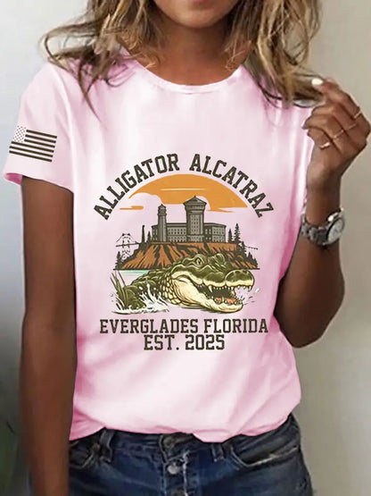 Women’s Retro Alligator Alcatraz Funny Florida Everglades Dark Humor Short Sleeve Tee Light Pink / S