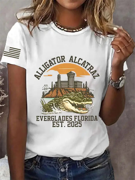 Women’s Retro Alligator Alcatraz Funny Florida Everglades Dark Humor Short Sleeve Tee White / S