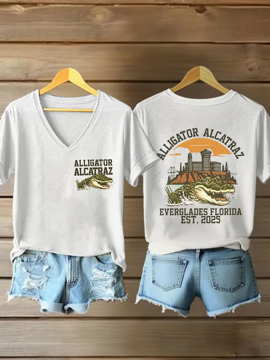 Women’s Retro Alligator Alcatraz Funny Florida Everglades Dark Humor Short Sleeve Tee White / S