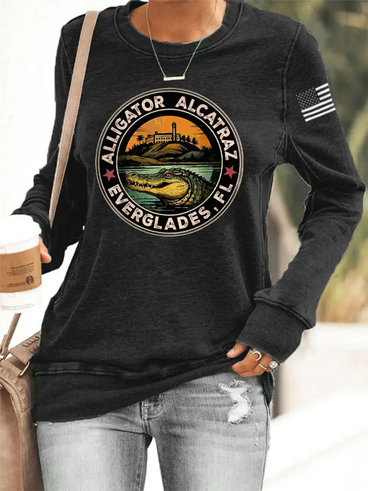 Women’s Retro Alligator Alcatraz Funny Florida Everglades Dark Humor Sweatshirt Black / S