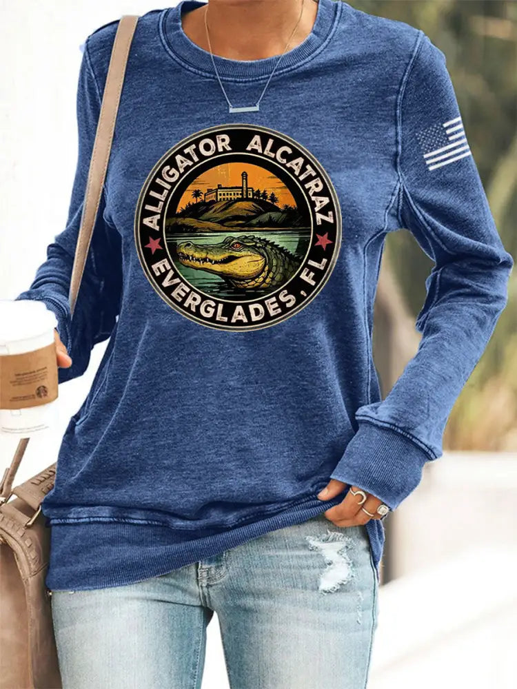 Women’s Retro Alligator Alcatraz Funny Florida Everglades Dark Humor Sweatshirt Blue / S