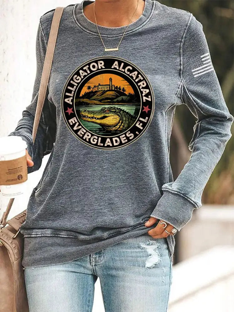 Women’s Retro Alligator Alcatraz Funny Florida Everglades Dark Humor Sweatshirt Gray / S