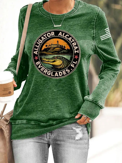 Women’s Retro Alligator Alcatraz Funny Florida Everglades Dark Humor Sweatshirt Green / S