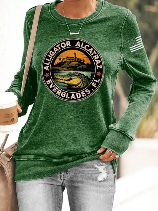 Women’s Retro Alligator Alcatraz Funny Florida Everglades Dark Humor Sweatshirt Green / S