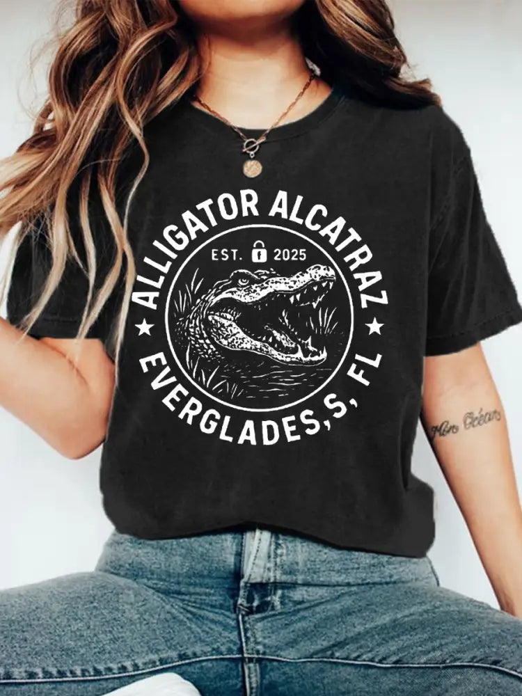 Women’s Retro Alligator Alcatraz Funny Florida Everglades Dark Humor Tee Black / S