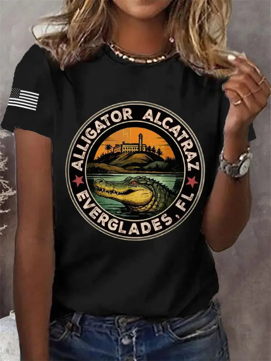 Women’s Retro Alligator Alcatraz Funny Florida Everglades Dark Humor Tee Black / S