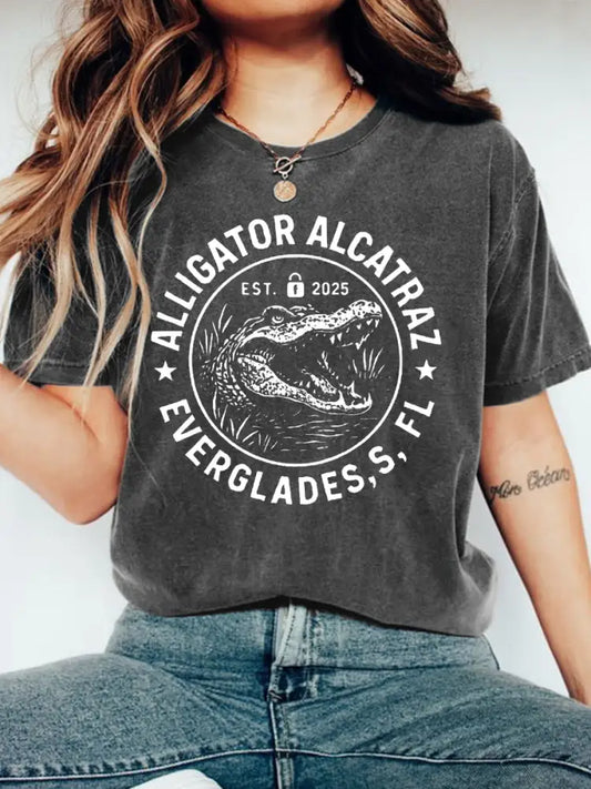 Women’s Retro Alligator Alcatraz Funny Florida Everglades Dark Humor Tee Dark Gray / S