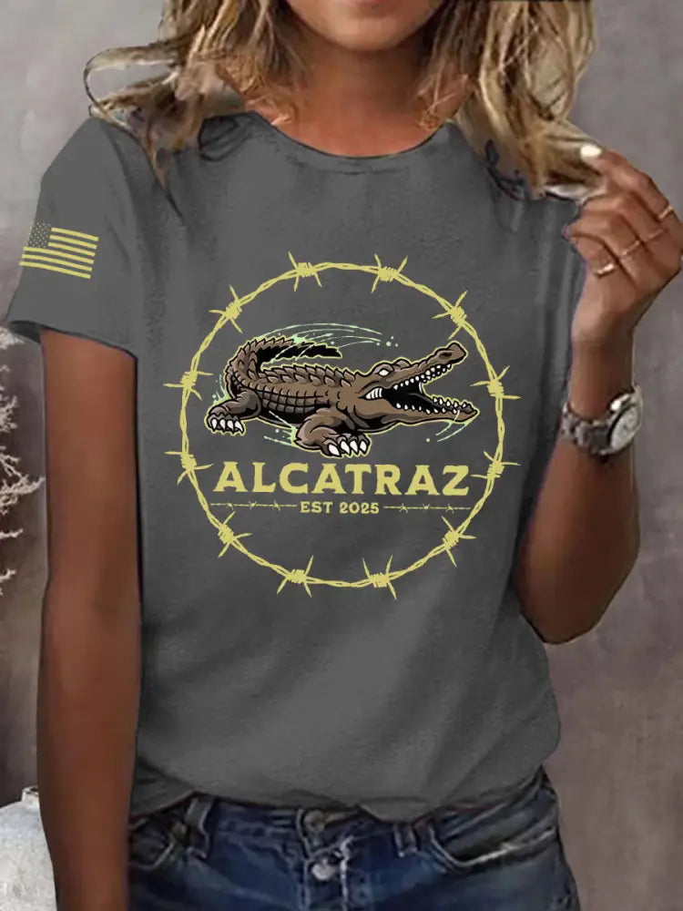 Women’s Retro Alligator Alcatraz Funny Florida Everglades Dark Humor Tee Dark Gray / S
