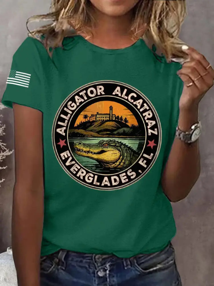Women’s Retro Alligator Alcatraz Funny Florida Everglades Dark Humor Tee Dark Green / S