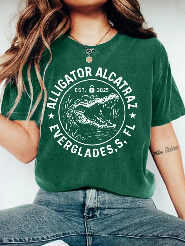 Women’s Retro Alligator Alcatraz Funny Florida Everglades Dark Humor Tee Dark Green / S