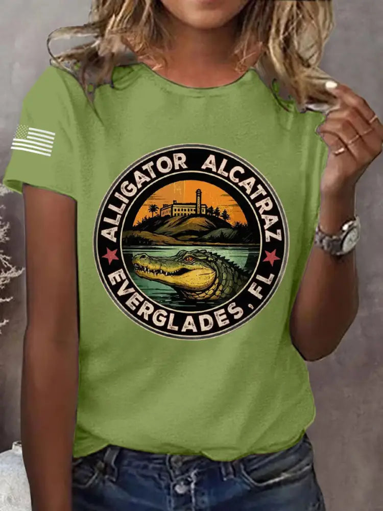 Women’s Retro Alligator Alcatraz Funny Florida Everglades Dark Humor Tee Green / S