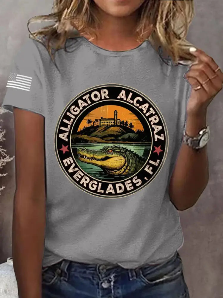 Women’s Retro Alligator Alcatraz Funny Florida Everglades Dark Humor Tee Light Gray / S