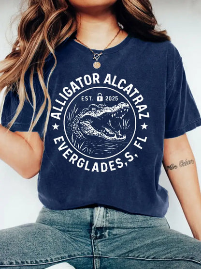 Women’s Retro Alligator Alcatraz Funny Florida Everglades Dark Humor Tee Navy Blue / S