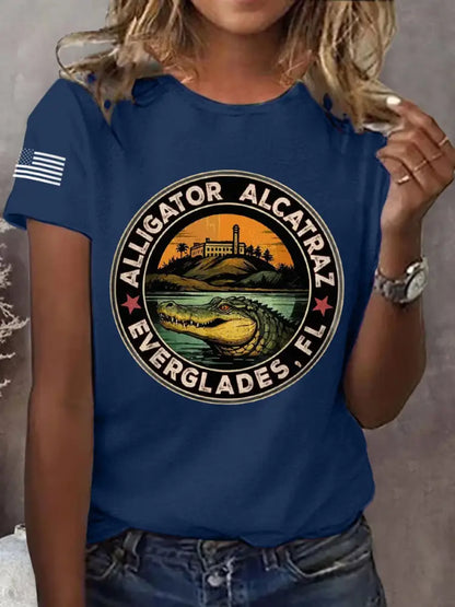 Women’s Retro Alligator Alcatraz Funny Florida Everglades Dark Humor Tee Navy Blue / S