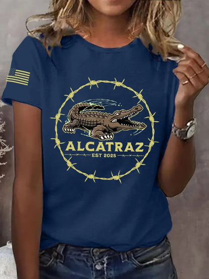 Women’s Retro Alligator Alcatraz Funny Florida Everglades Dark Humor Tee Navy Blue / S