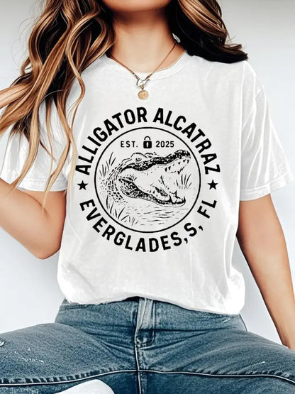 Women’s Retro Alligator Alcatraz Funny Florida Everglades Dark Humor Tee White / S