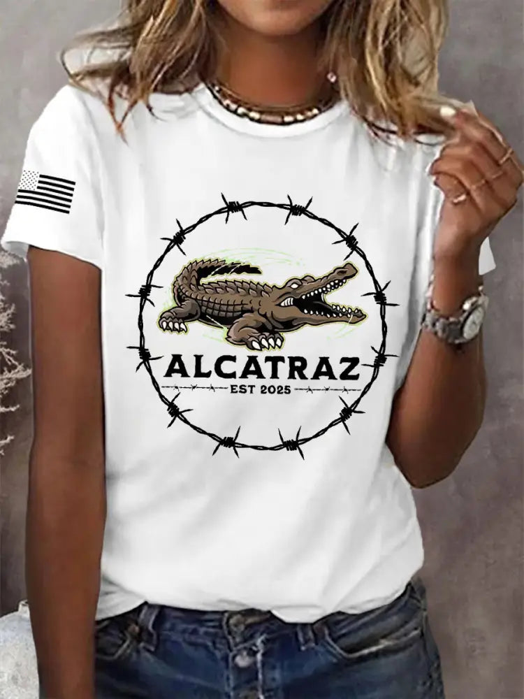 Women’s Retro Alligator Alcatraz Funny Florida Everglades Dark Humor Tee White / S
