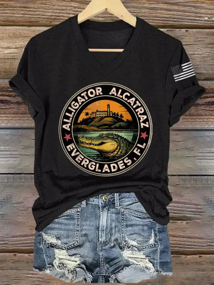 Women’s Retro Alligator Alcatraz Funny Florida Everglades Dark Humor V-Neck Tee Black / S