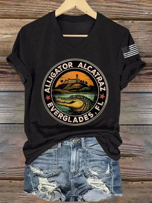 Women’s Retro Alligator Alcatraz Funny Florida Everglades Dark Humor V-Neck Tee Black / S