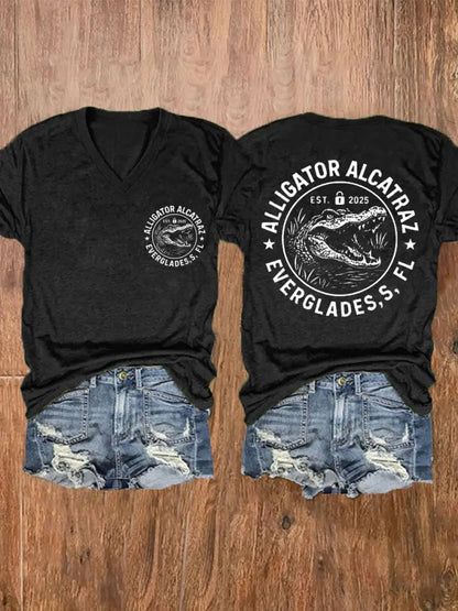 Women’s Retro Alligator Alcatraz Funny Florida Everglades Dark Humor V-Neck Tee Black / S
