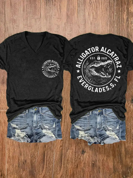Women’s Retro Alligator Alcatraz Funny Florida Everglades Dark Humor V-Neck Tee Black / S