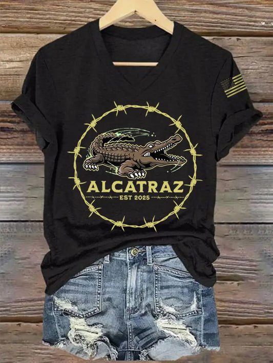 Women’s Retro Alligator Alcatraz Funny Florida Everglades Dark Humor V-Neck Tee Black / S
