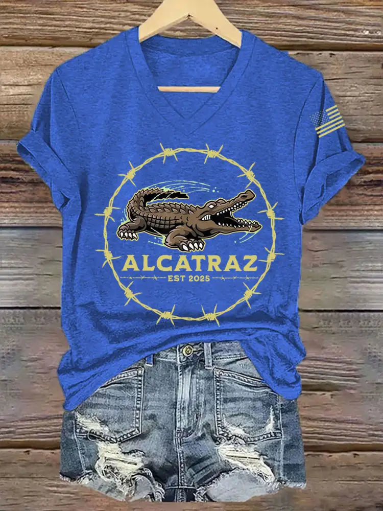 Women’s Retro Alligator Alcatraz Funny Florida Everglades Dark Humor V-Neck Tee Blue / S