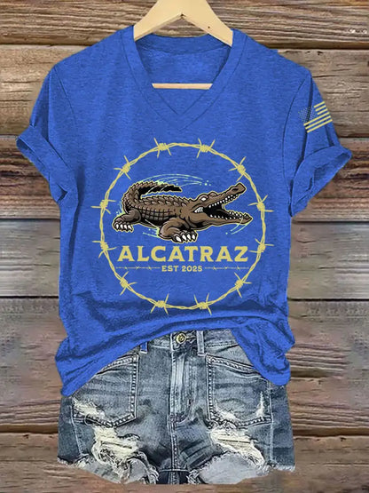 Women’s Retro Alligator Alcatraz Funny Florida Everglades Dark Humor V-Neck Tee Blue / S