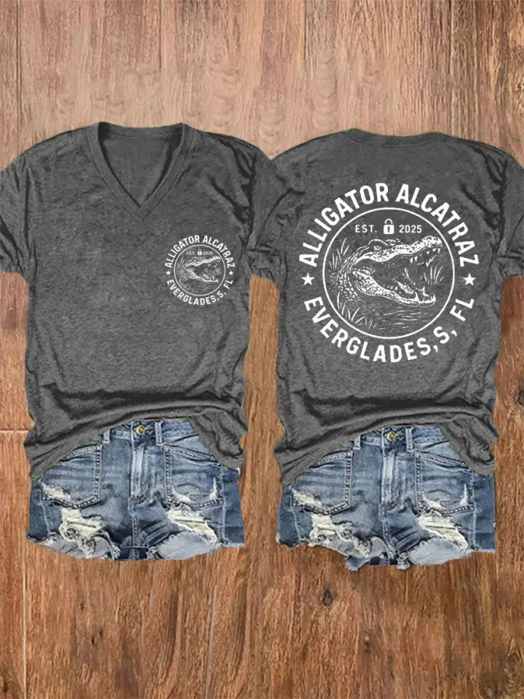 Women’s Retro Alligator Alcatraz Funny Florida Everglades Dark Humor V-Neck Tee Dark Gray / S