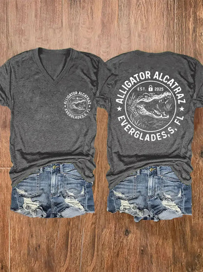 Women’s Retro Alligator Alcatraz Funny Florida Everglades Dark Humor V-Neck Tee Dark Gray / S