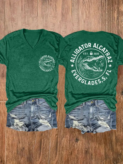 Women’s Retro Alligator Alcatraz Funny Florida Everglades Dark Humor V-Neck Tee Dark Green / S