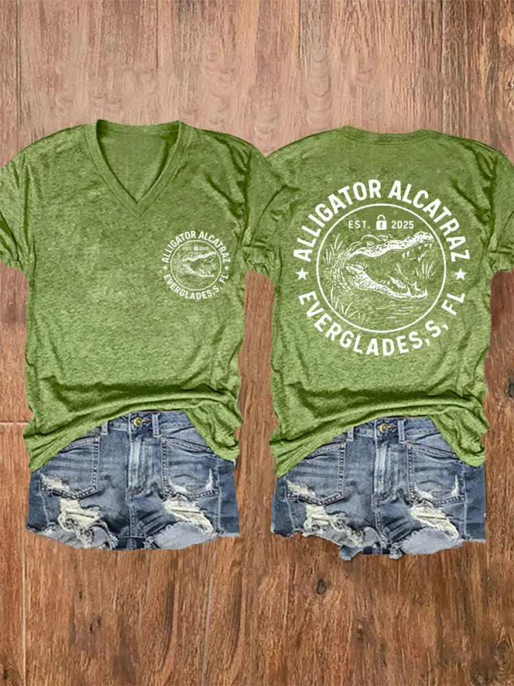 Women’s Retro Alligator Alcatraz Funny Florida Everglades Dark Humor V-Neck Tee Green / S