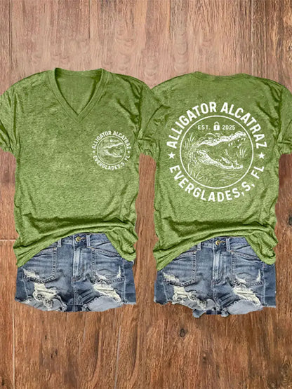 Women’s Retro Alligator Alcatraz Funny Florida Everglades Dark Humor V-Neck Tee Green / S