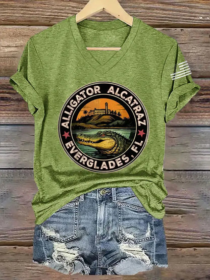 Women’s Retro Alligator Alcatraz Funny Florida Everglades Dark Humor V-Neck Tee Green / S