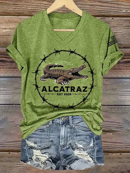 Women’s Retro Alligator Alcatraz Funny Florida Everglades Dark Humor V-Neck Tee Green / S