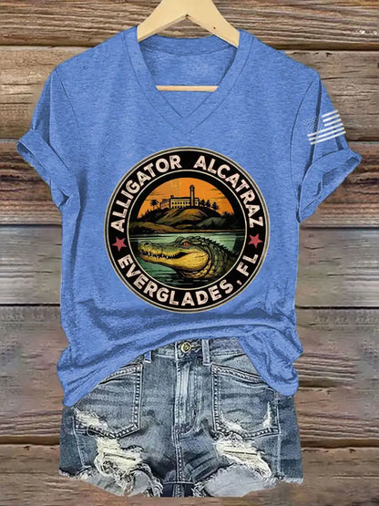 Women’s Retro Alligator Alcatraz Funny Florida Everglades Dark Humor V-Neck Tee Light Blue / S