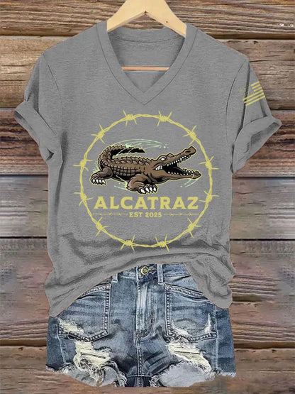 Women’s Retro Alligator Alcatraz Funny Florida Everglades Dark Humor V-Neck Tee Light Gray / S