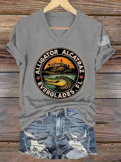Women’s Retro Alligator Alcatraz Funny Florida Everglades Dark Humor V-Neck Tee Light Gray / S