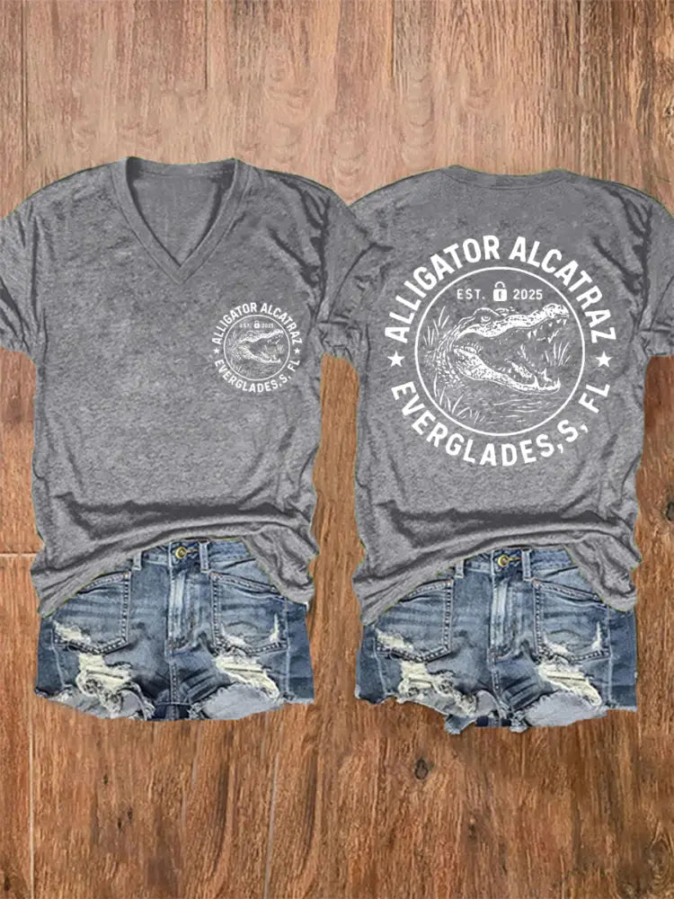 Women’s Retro Alligator Alcatraz Funny Florida Everglades Dark Humor V-Neck Tee Light Gray / S