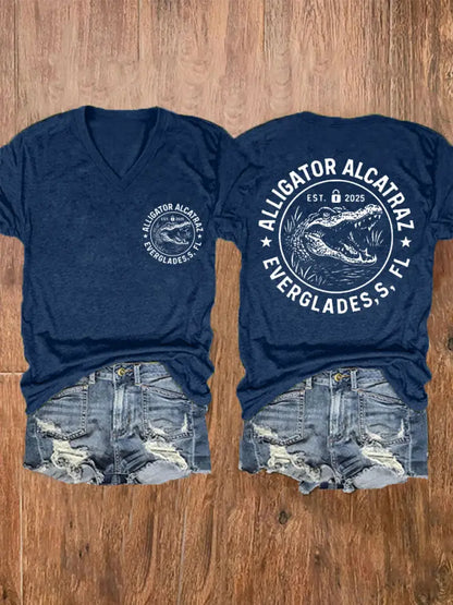 Women’s Retro Alligator Alcatraz Funny Florida Everglades Dark Humor V-Neck Tee Navy Blue / S
