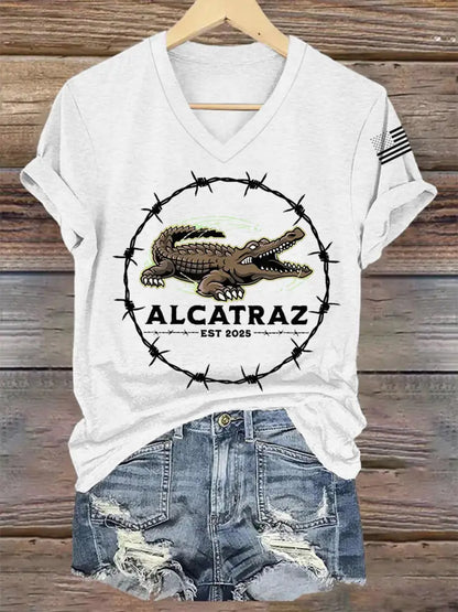 Women’s Retro Alligator Alcatraz Funny Florida Everglades Dark Humor V-Neck Tee White / S