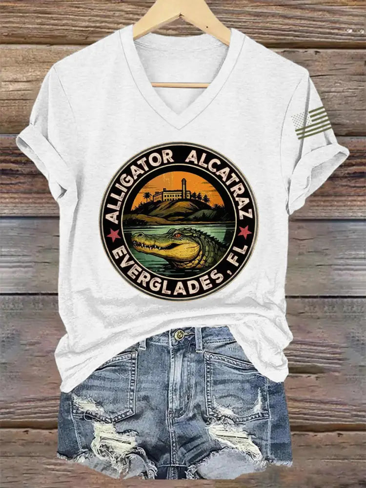 Women’s Retro Alligator Alcatraz Funny Florida Everglades Dark Humor V-Neck Tee White / S