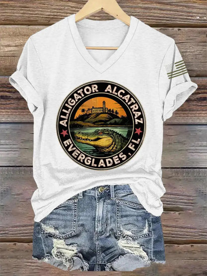 Women’s Retro Alligator Alcatraz Funny Florida Everglades Dark Humor V-Neck Tee White / S