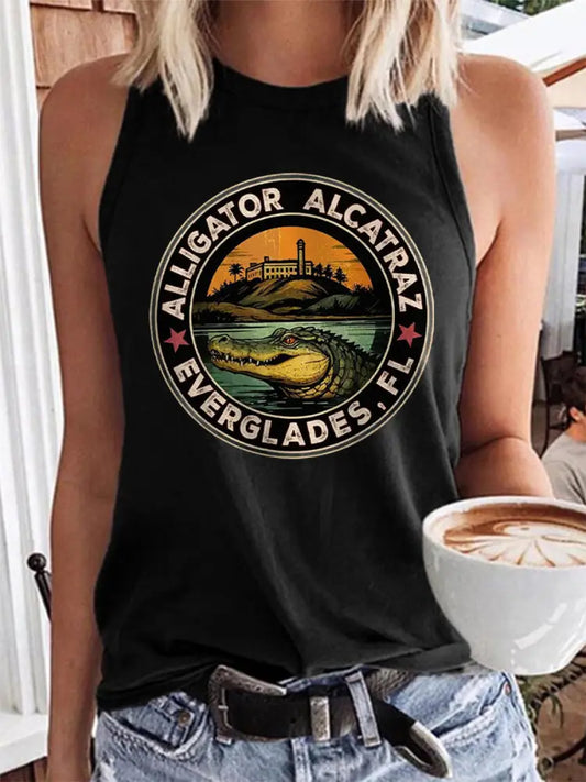 Women’s Retro Alligator Alcatraz Funny Florida Everglades Dark Humor Vest Black / S