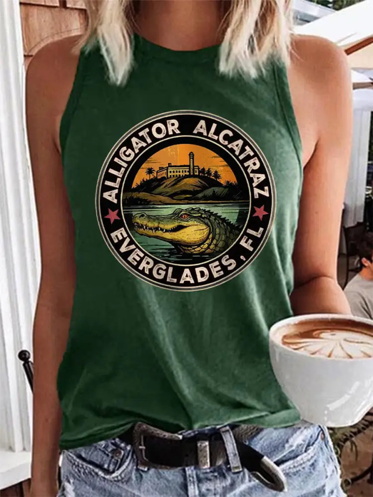 Women’s Retro Alligator Alcatraz Funny Florida Everglades Dark Humor Vest Dark Green / S