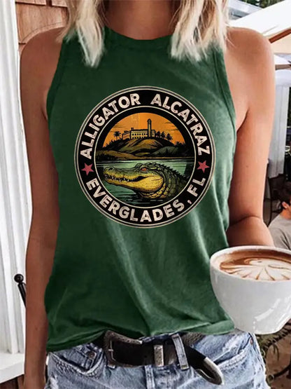 Women’s Retro Alligator Alcatraz Funny Florida Everglades Dark Humor Vest Dark Green / S