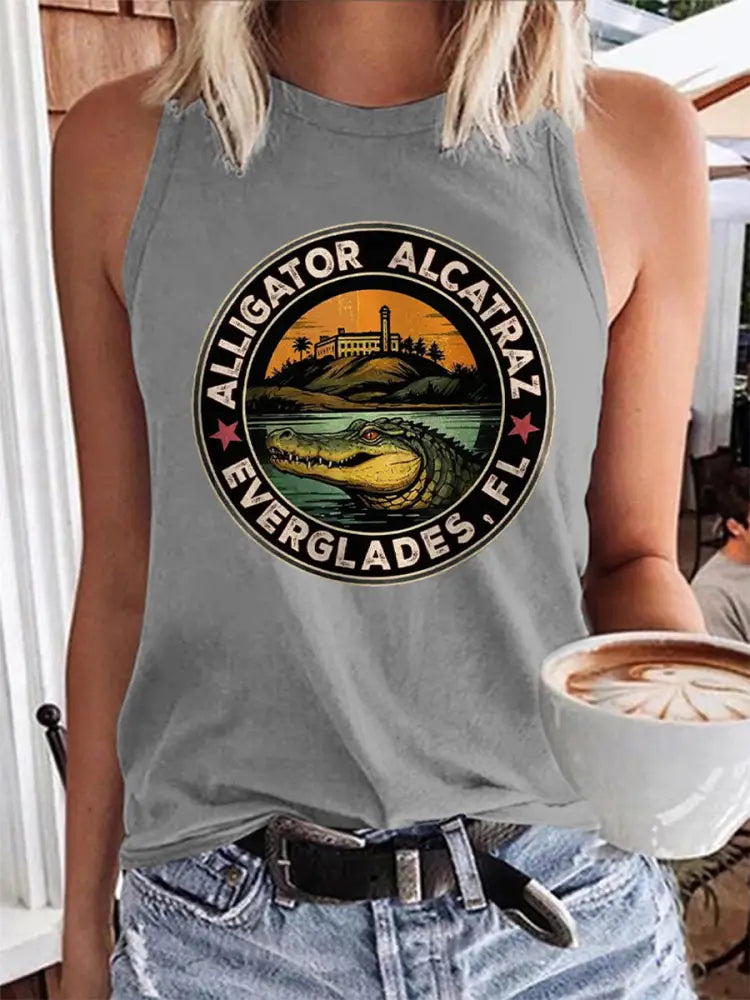 Women’s Retro Alligator Alcatraz Funny Florida Everglades Dark Humor Vest Light Gray / S