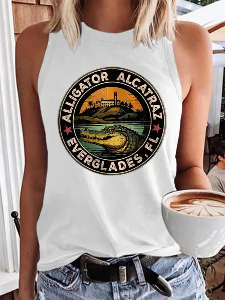 Women’s Retro Alligator Alcatraz Funny Florida Everglades Dark Humor Vest White / S