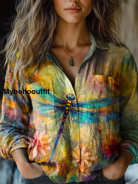 Women’s Retro Art Print V-Neck Casual Cotton And Linen Shirt Top A / S