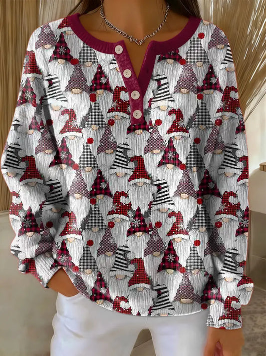 Women’s Retro Christmas Gnome Art Print Long-sleeve Sweater Wine Red / S